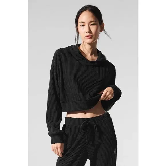Alo Yoga Muse Hoodie Black Cropped Ribbed Lounge Sweatshirt XS Soft Plush Studio